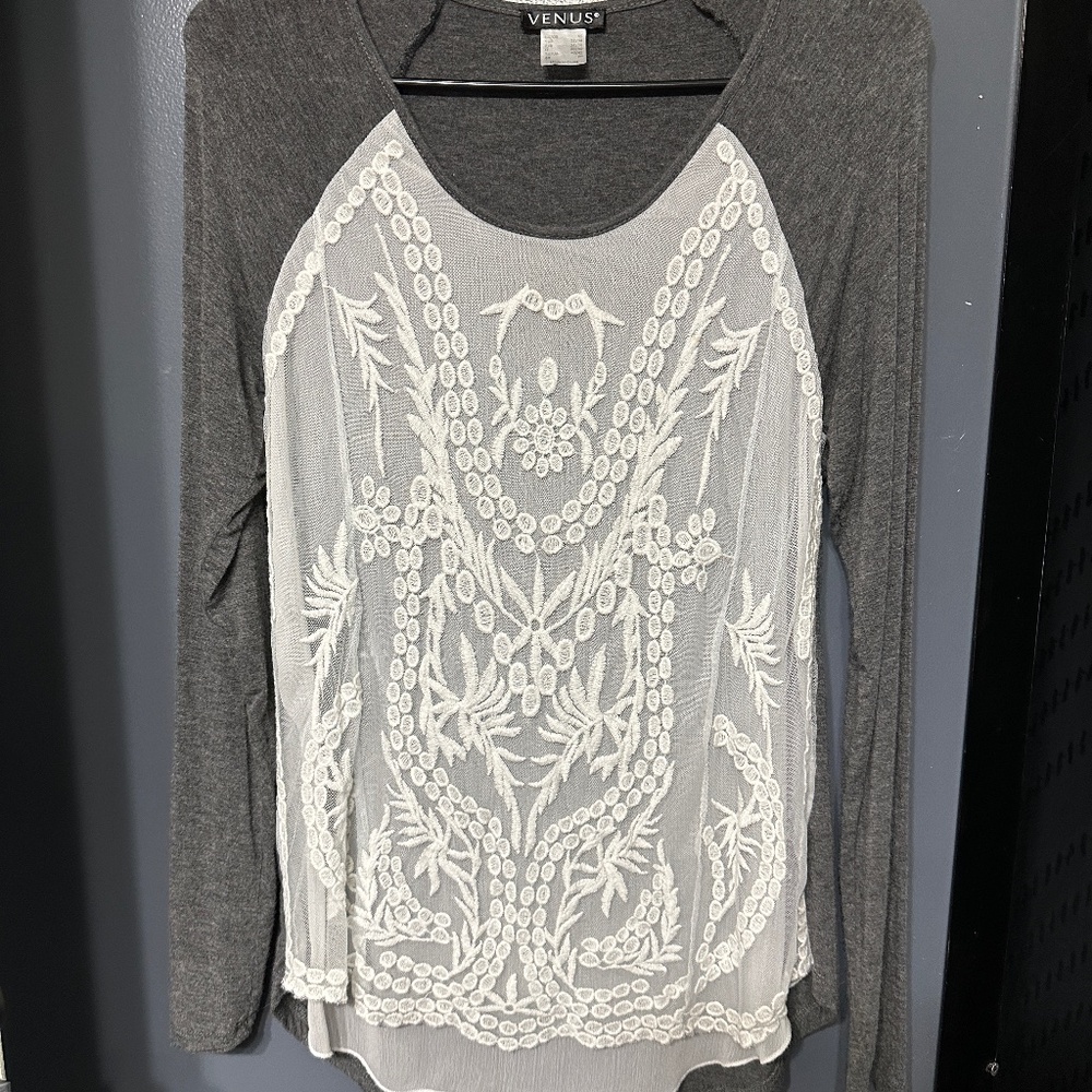 Lightly worn gray with white lace top